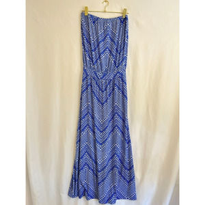 Tori Richard Women's Periwinkle Blue White Maxi Strapless Stretch Hawaii Dress M